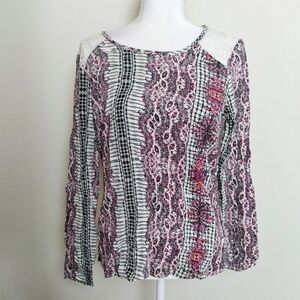 Copper Key Crochet Lace Detail Boho Abstract Print Long Sleeve Top